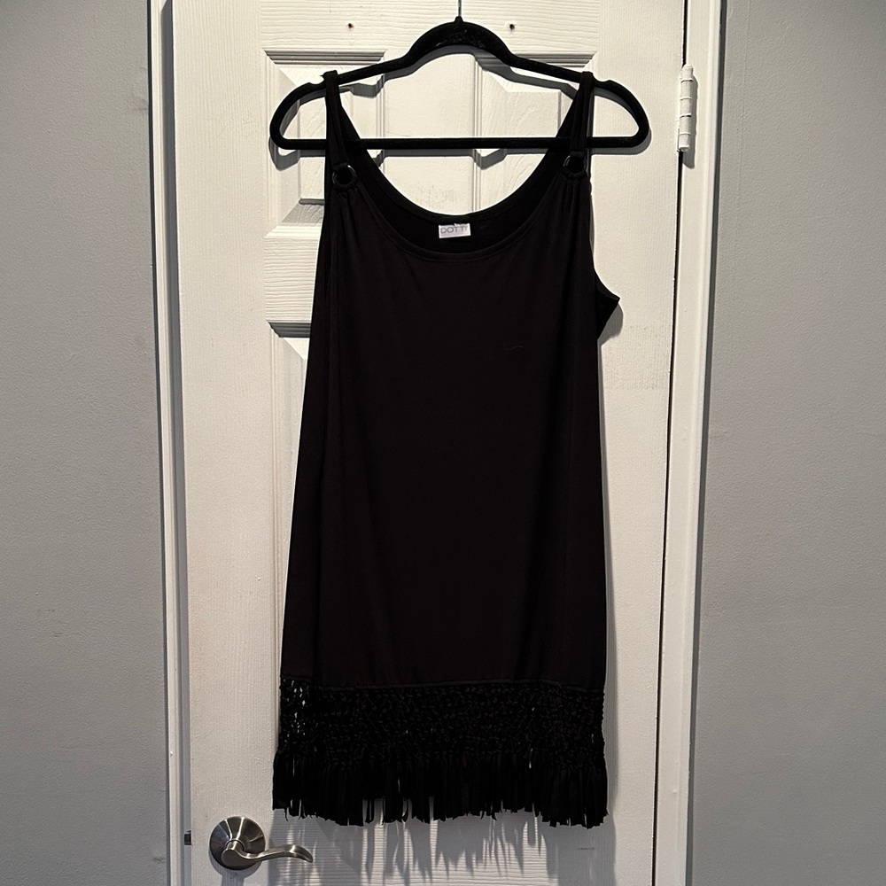 Black Sleeveless Dress with Fringe Hem